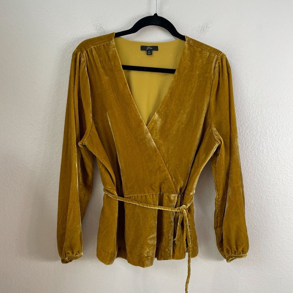 J Crew Womens 14 Gold Velvet Wrap Top Long Sleeve Belted Shirt V Neck